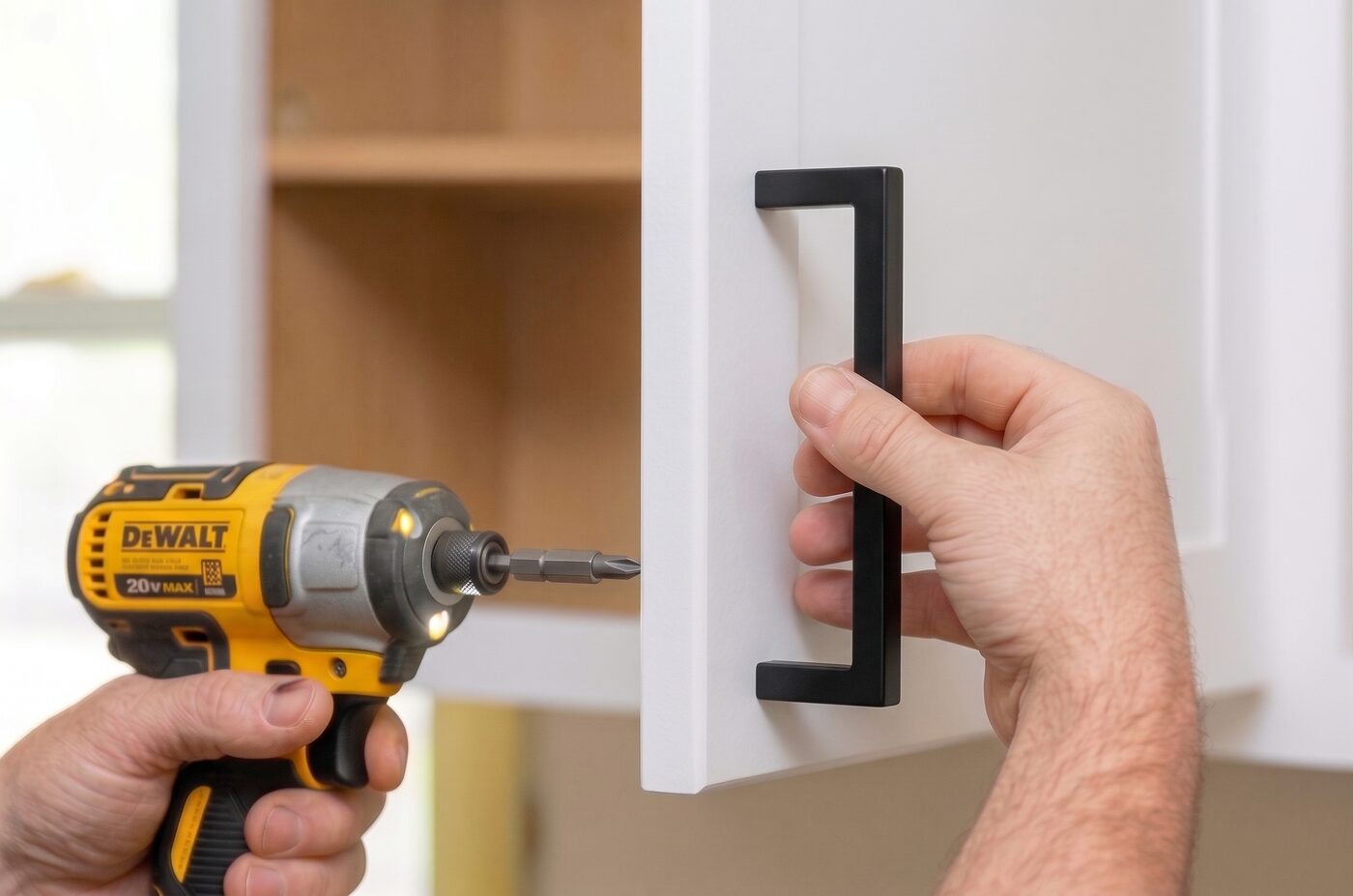 Installer tightening a new matte black cabinet pull during a Refacely cabinet tune-up in Denver.