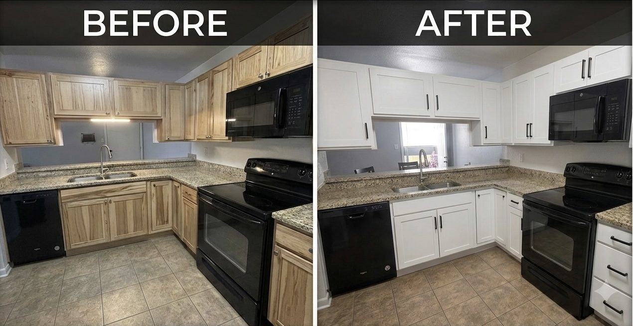 Before and after of a Denver kitchen cabinet refacing project — dated honey oak cabinets replaced with white Shaker doors and black hardware, with the original countertops, appliances, and flooring left in place.